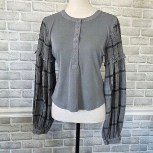 Pilcro Anthropologie The Andie Ribbed Henley Top L Plaid Smocked Pleated Whimsyg
